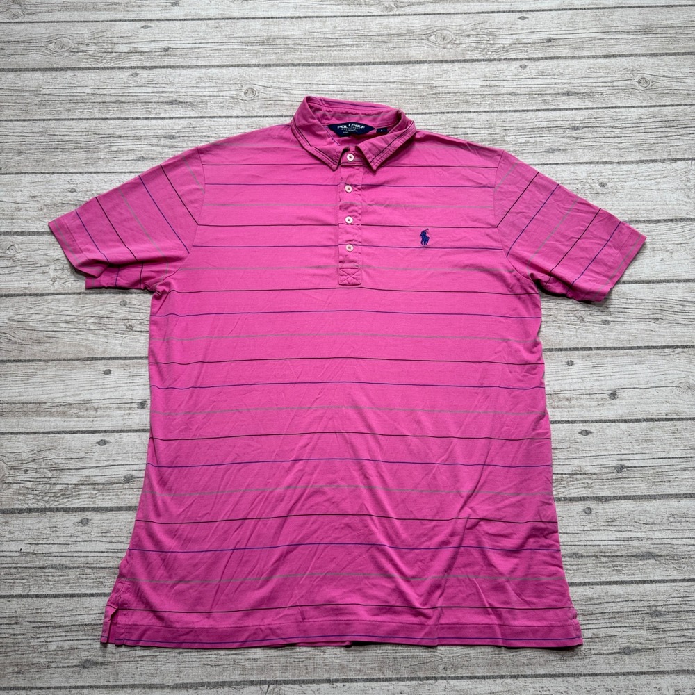 Polo Golf Ralph Lauren Shirt Men's Large Pink Striped Pima Cotton Short Sleeve